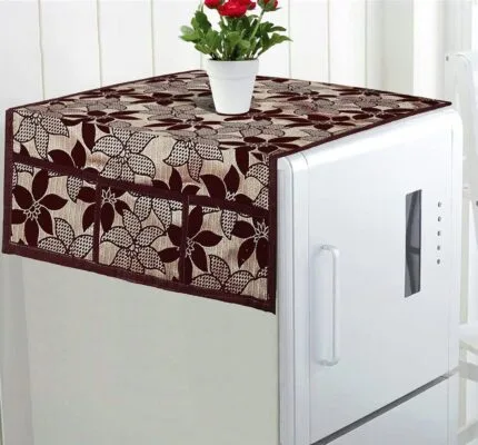 Elegant Velvet Fridge Top Cover with 6 Utility Side Pockets - Maroon | Krishna Home Decor Jaleswar