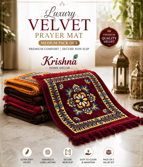 Luxury Velvet Prayer Mat Medium Pack of 5 — Premium Comfort, Secure Non-Slip | Krishna Home Decor