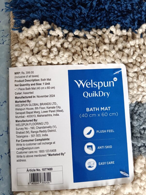 Welspun QuikDry Bath Mat 40×60 cm | Anti-Skid & Quick Dry