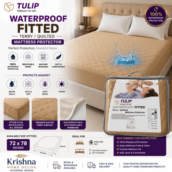 Premium Waterproof Mattress Protector 72 × 78 Inches (King Size) | Terry Quilted Fitted Mattress Cover | Bed Protector | Krishna Home Decor