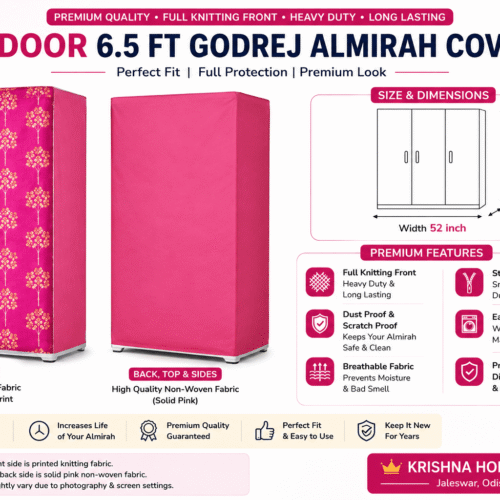 Premium 3 Door Godrej Almirah Cover (6.5 Ft) – Full Knitting Front & High GSM Non-Woven Back | Washable Dustproof Wardrobe Cover | Krishna Home Decor