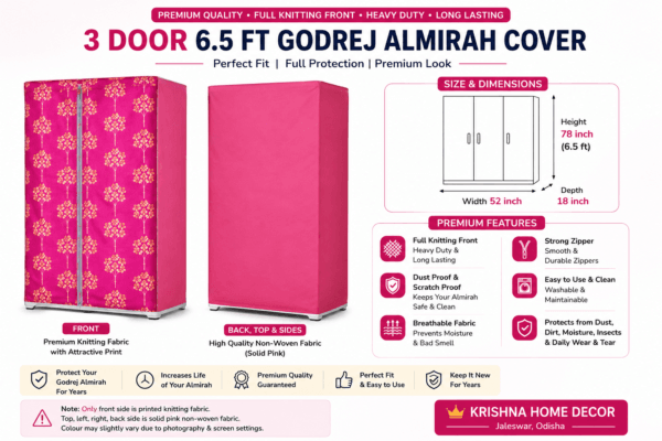 Premium 3 Door Godrej Almirah Cover (6.5 Ft) – Full Knitting Front & High GSM Non-Woven Back | Washable Dustproof Wardrobe Cover | Krishna Home Decor