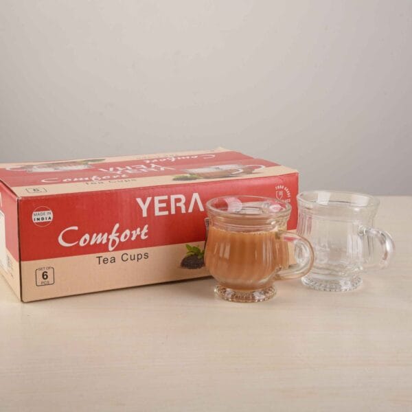 Yera Premium Glass Tea Cup Set of 6 (120ml) – Clear Transparent Small Glass Chai Cups with Handle for Home, Office & Cafe