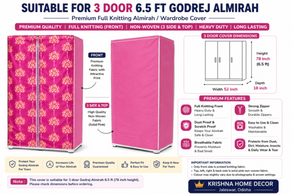 Triple Door Almari / Godrej Cover – Half Knitting Printed Front, Non-Woven Back, Top Chain & Front Ties | 52×78 Inch