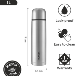 Borosil Thermo 1000 ml Stainless Steel Vacuum Flask | Double Wall Insulated Bottle | ISI Certified | Made in India | 24 Hours Hot & Cold | 1 Year Warranty