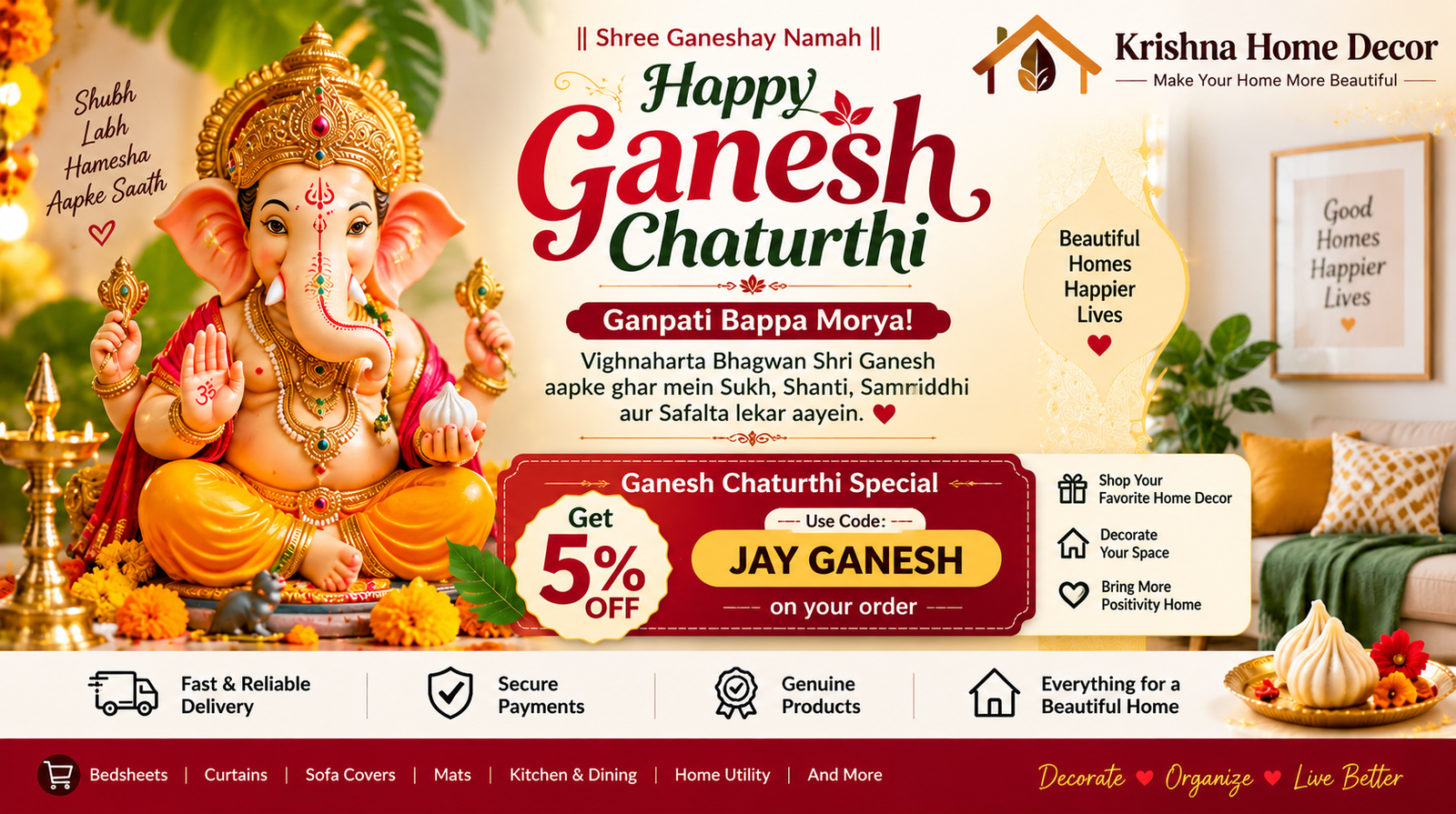 Ganesh Chaturthi special offer 5% off with JAY GANESH coupon at Krishna Home Decor